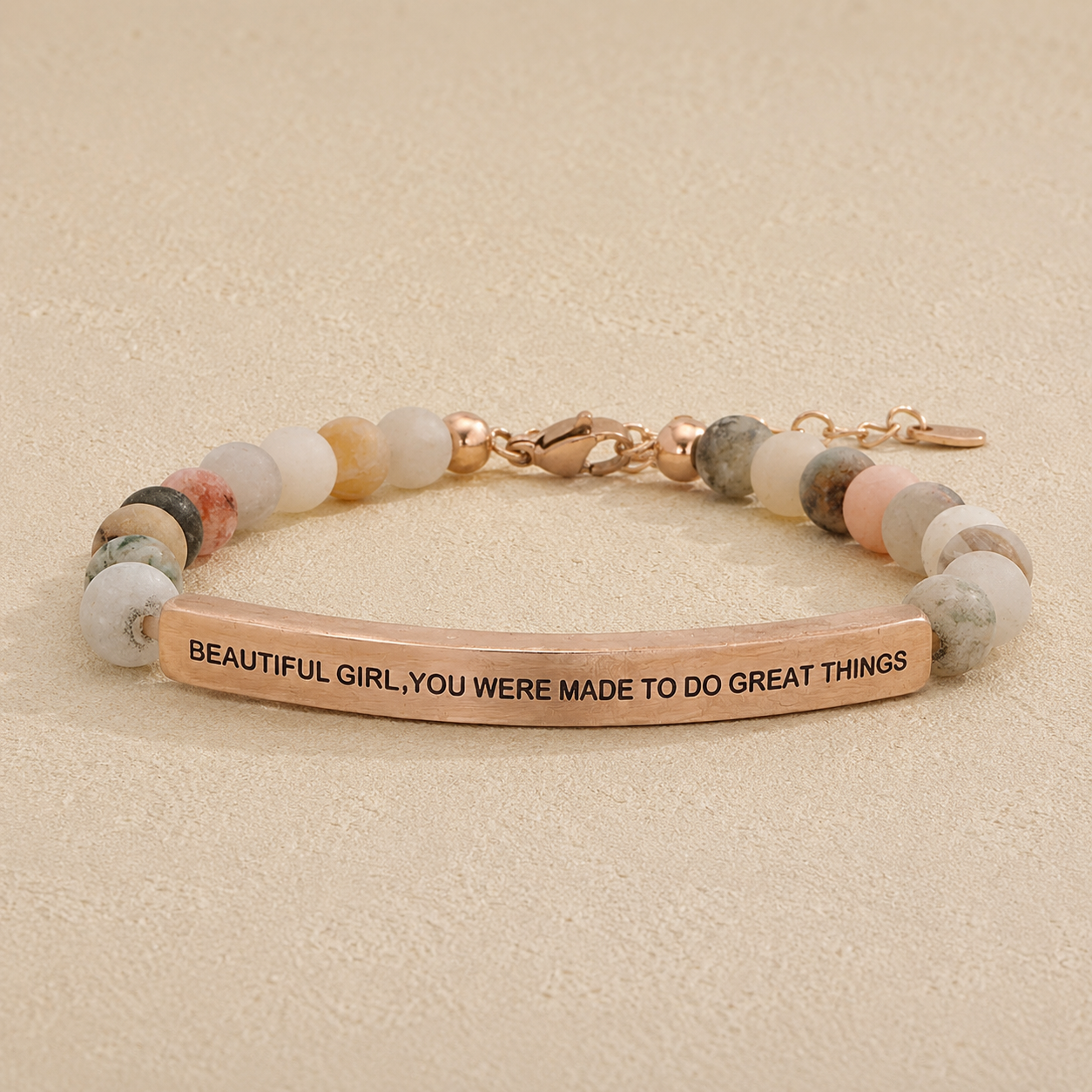 Beautiful Girl, You Were Made to Do Great Things" Engraved Bar Beaded Bracelet