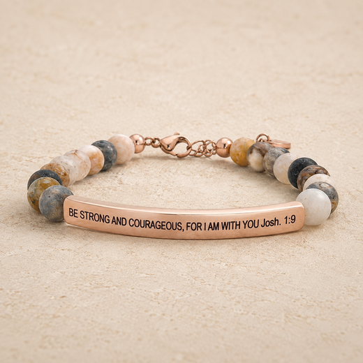 "Be Strong and Courageous For I Am With You Josh 1:9" Engraved Bar Beaded Bracelet