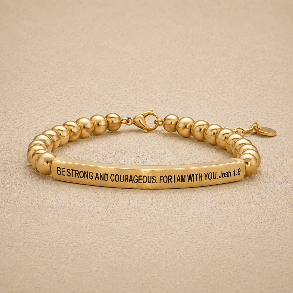 "Be Strong and Courageous For I Am With You Josh 1:9" Engraved Bar Beaded Bracelet