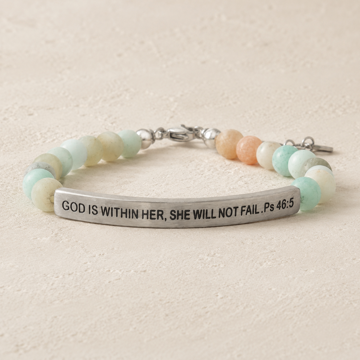 "God Is Within Her, She Will Not Fail Ps 46:5" Engraved Bar Beaded Bracelet