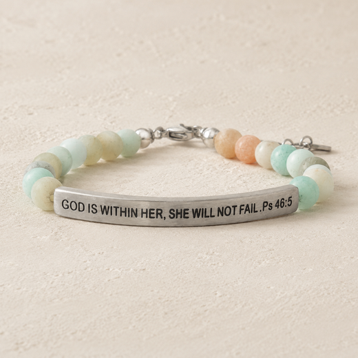 "God Is Within Her, She Will Not Fail Ps 46:5" Engraved Bar Beaded Bracelet