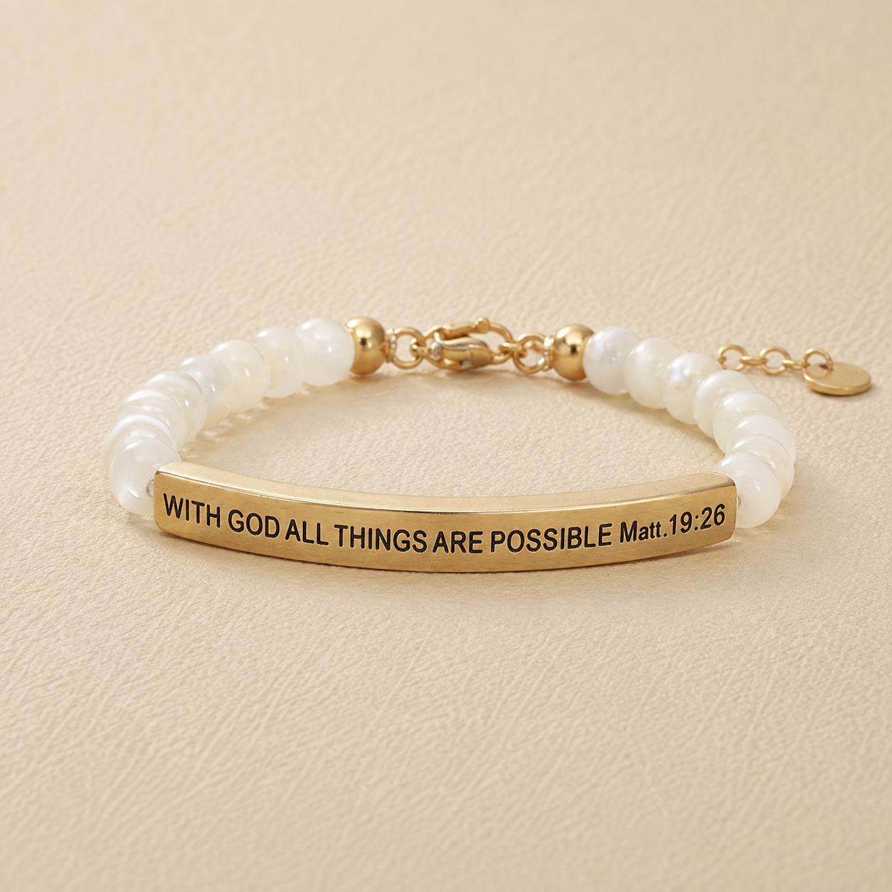 "With God All Things Are Possible Matt 19:26" Engraved Bar Beaded Bracelet