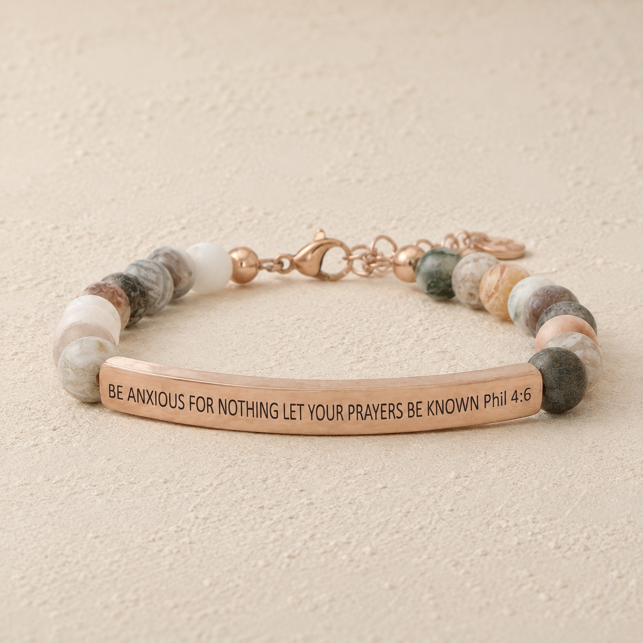 "Be Anxious For Nothing, Let Your Prayers Be Known Phil 4:6 " Engraved Bar Beaded Bracelet (Copy)