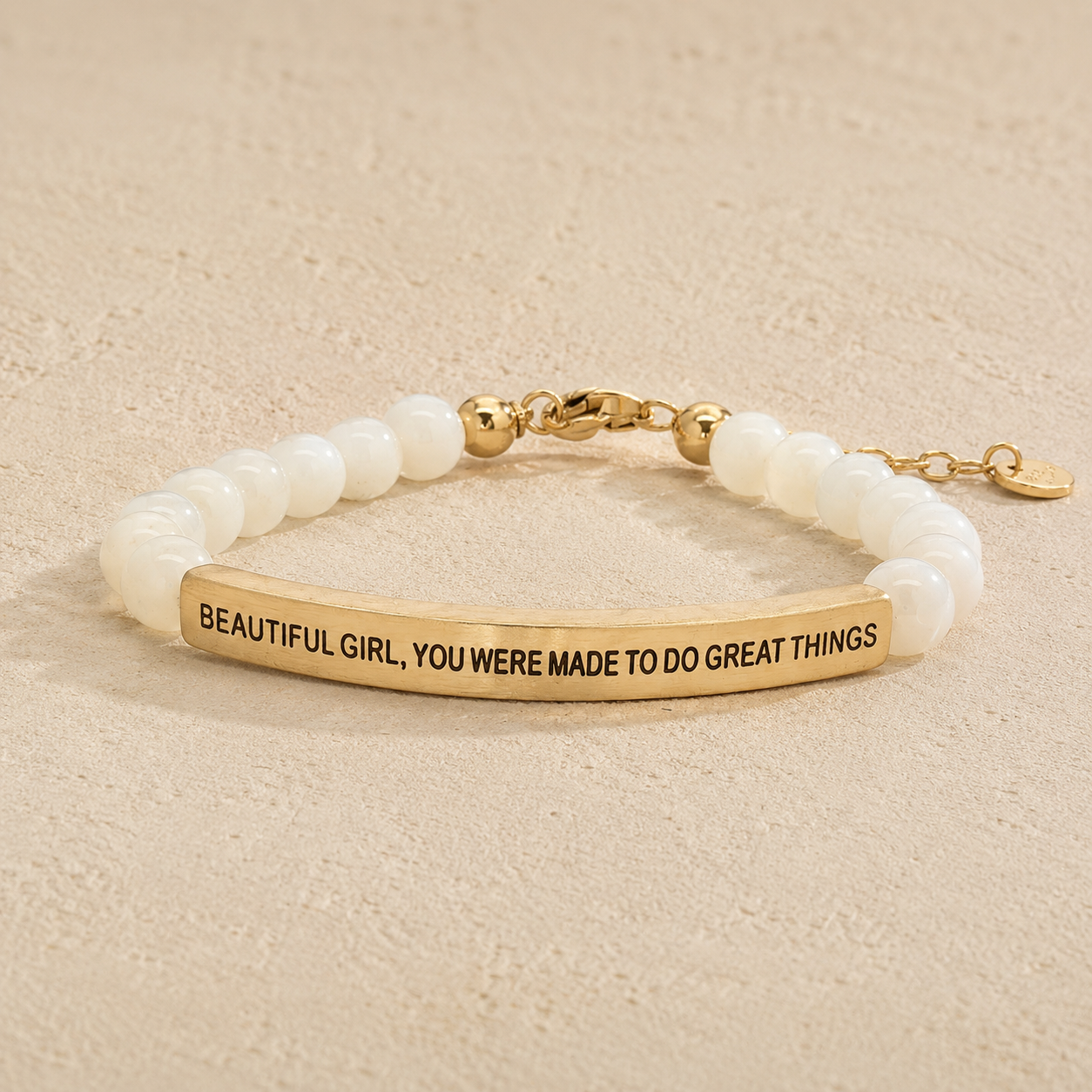 Beautiful Girl, You Were Made to Do Great Things" Engraved Bar Beaded Bracelet