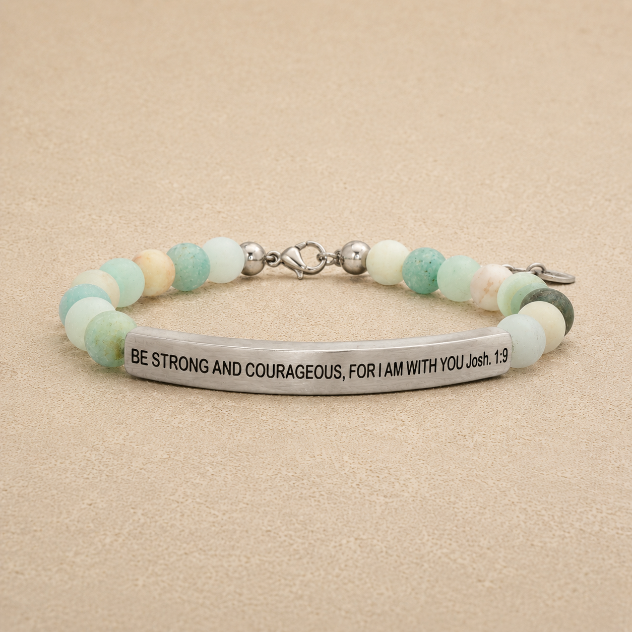 "Be Strong and Courageous For I Am With You Josh 1:9" Engraved Bar Beaded Bracelet