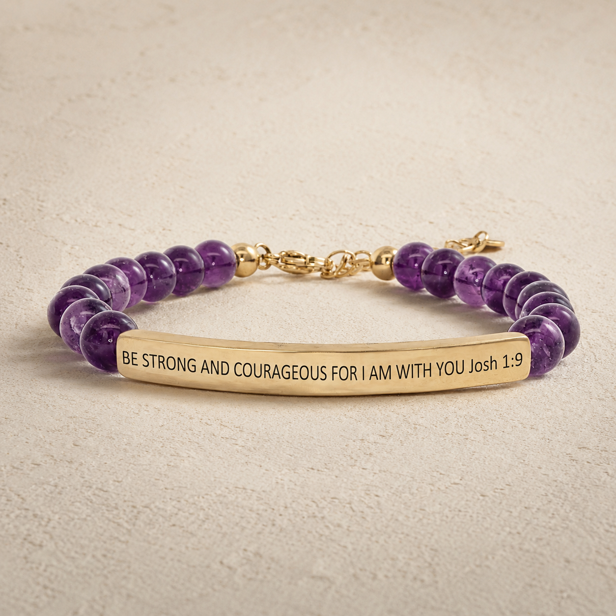 "Be Strong and Courageous For I Am With You Josh 1:9" Engraved Bar Beaded Bracelet