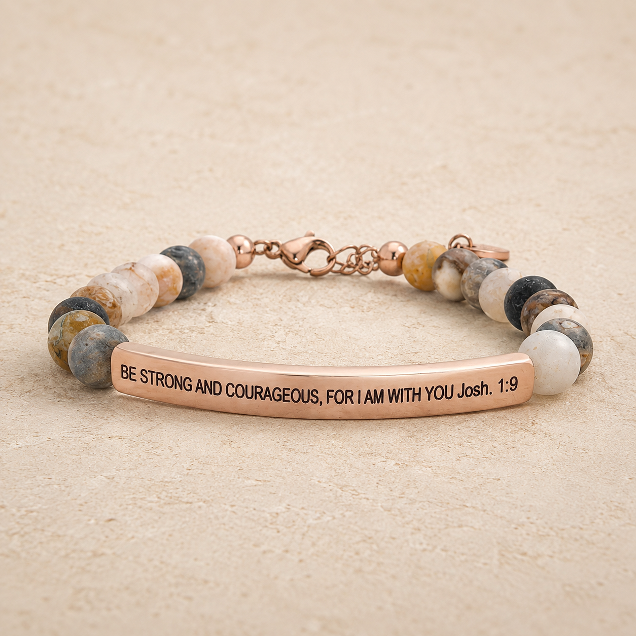 "Be Strong and Courageous For I Am With You Josh 1:9" Engraved Bar Beaded Bracelet