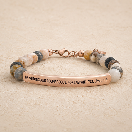 "Be Strong and Courageous For I Am With You Josh 1:9" Engraved Bar Beaded Bracelet