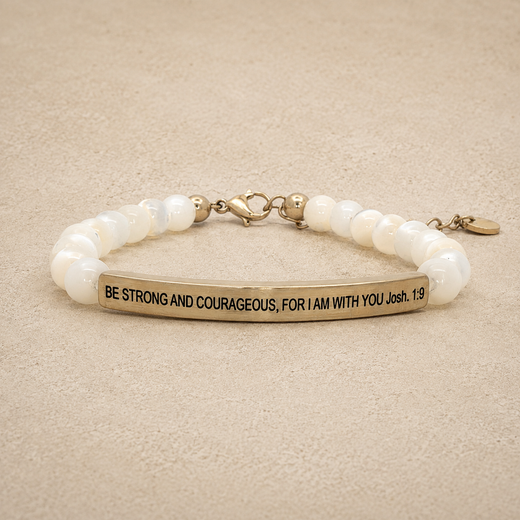 "Be Strong and Courageous For I Am With You Josh 1:9" Engraved Bar Beaded Bracelet