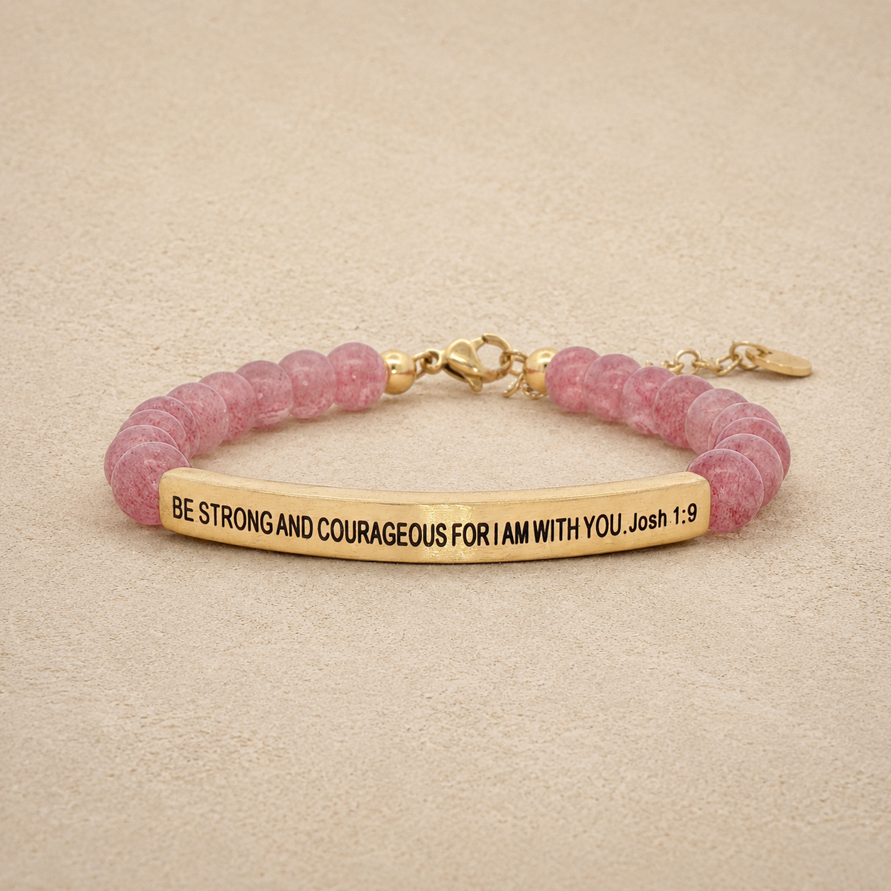 "Be Strong and Courageous For I Am With You Josh 1:9" Engraved Bar Beaded Bracelet