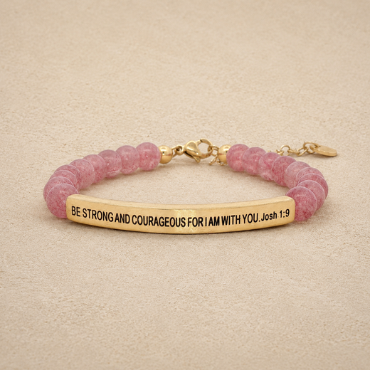 "Be Strong and Courageous For I Am With You Josh 1:9" Engraved Bar Beaded Bracelet