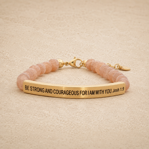 "Be Strong and Courageous For I Am With You Josh 1:9" Engraved Bar Beaded Bracelet