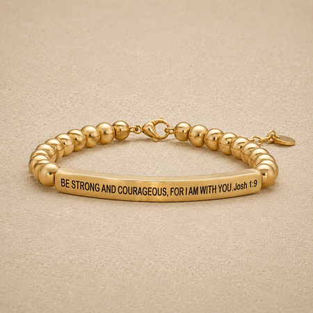 "Be Strong and Courageous For I Am With You Josh 1:9" Engraved Bar Beaded Bracelet