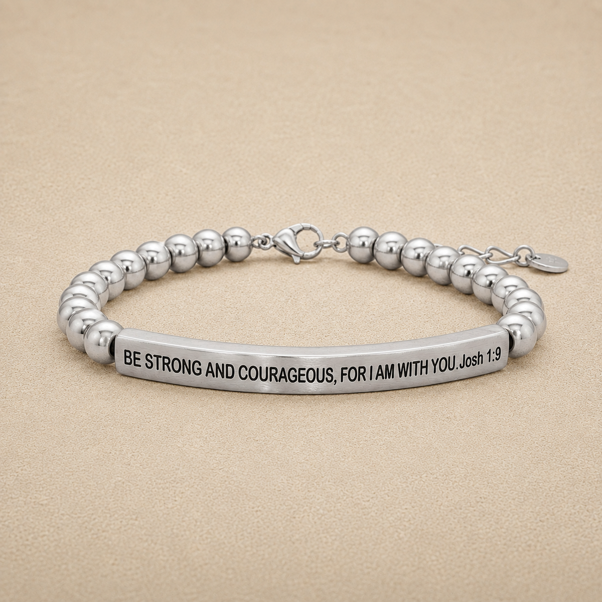 "Be Strong and Courageous For I Am With You Josh 1:9" Engraved Bar Beaded Bracelet