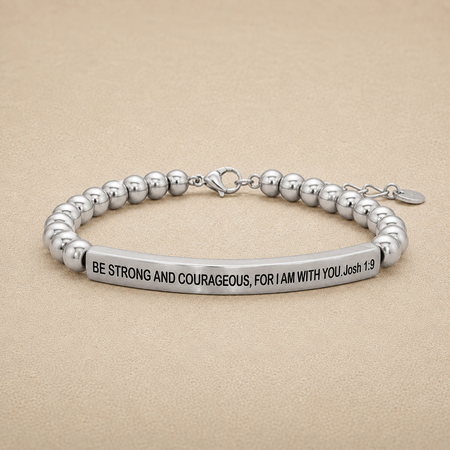 "Be Strong and Courageous For I Am With You Josh 1:9" Engraved Bar Beaded Bracelet