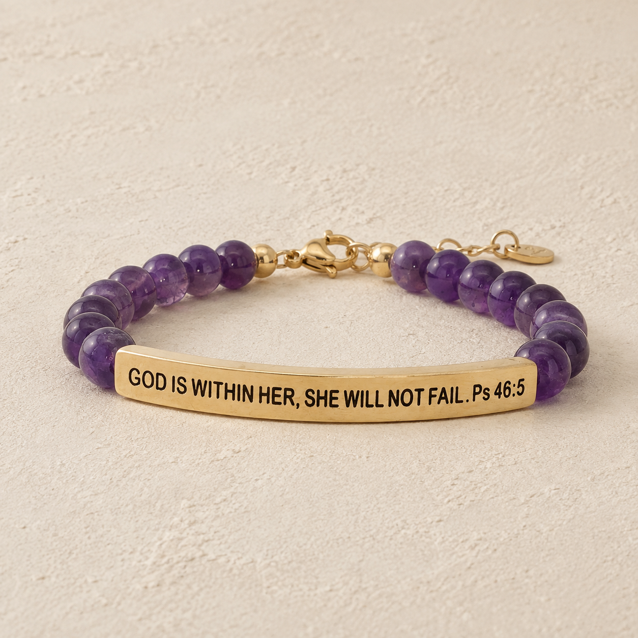 "God Is Within Her, She Will Not Fail Ps 46:5" Engraved Bar Beaded Bracelet