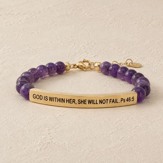 "God Is Within Her, She Will Not Fail Ps 46:5" Engraved Bar Beaded Bracelet