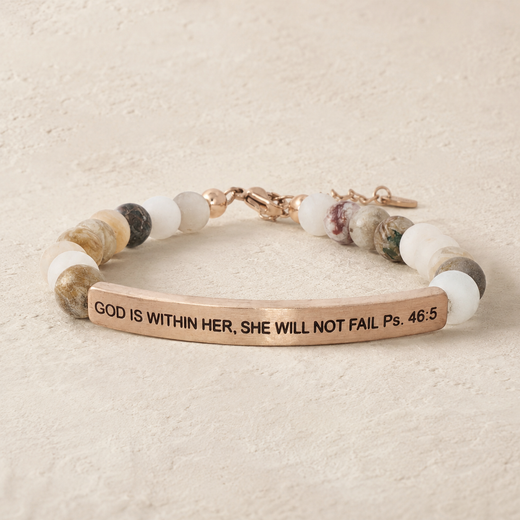"God Is Within Her, She Will Not Fail Ps 46:5" Engraved Bar Beaded Bracelet