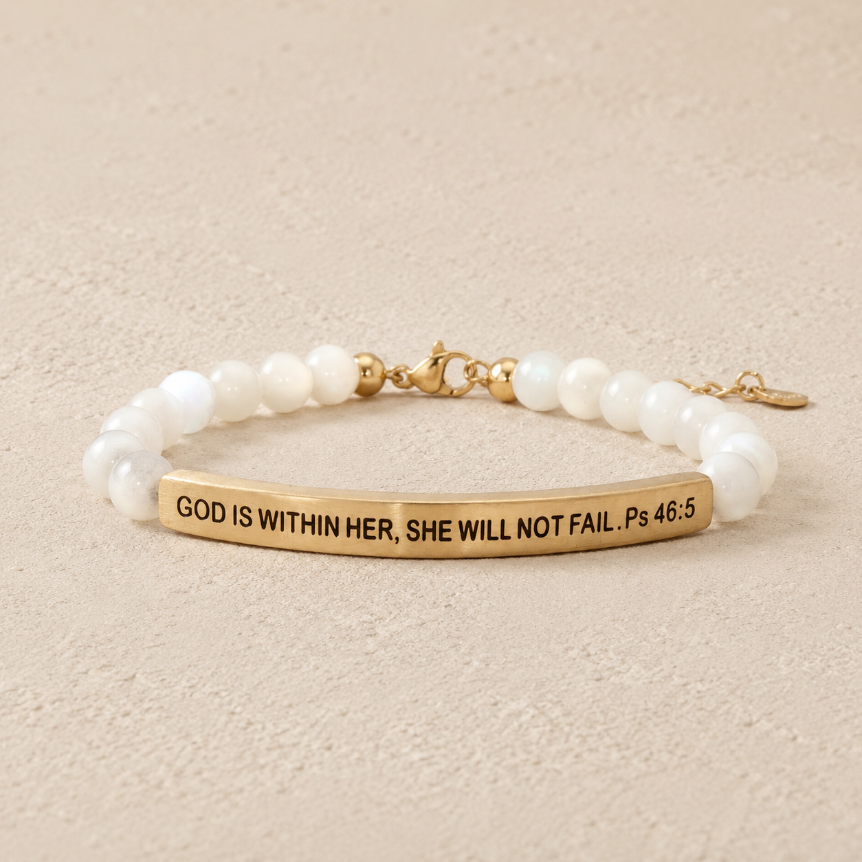 "God Is Within Her, She Will Not Fail Ps 46:5" Engraved Bar Beaded Bracelet