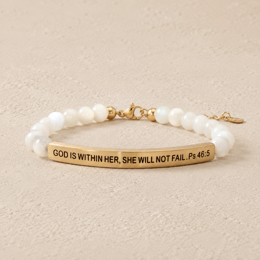 "God Is Within Her, She Will Not Fail Ps 46:5" Engraved Bar Beaded Bracelet