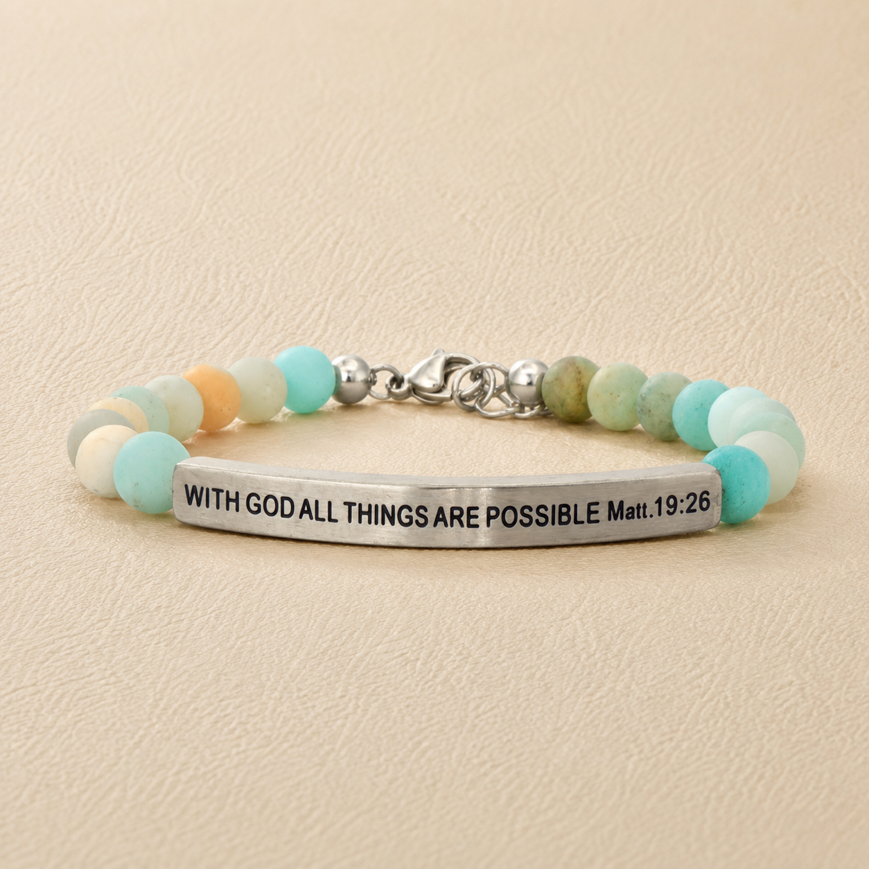 "With God All Things Are Possible Matt 19:26" Engraved Bar Beaded Bracelet