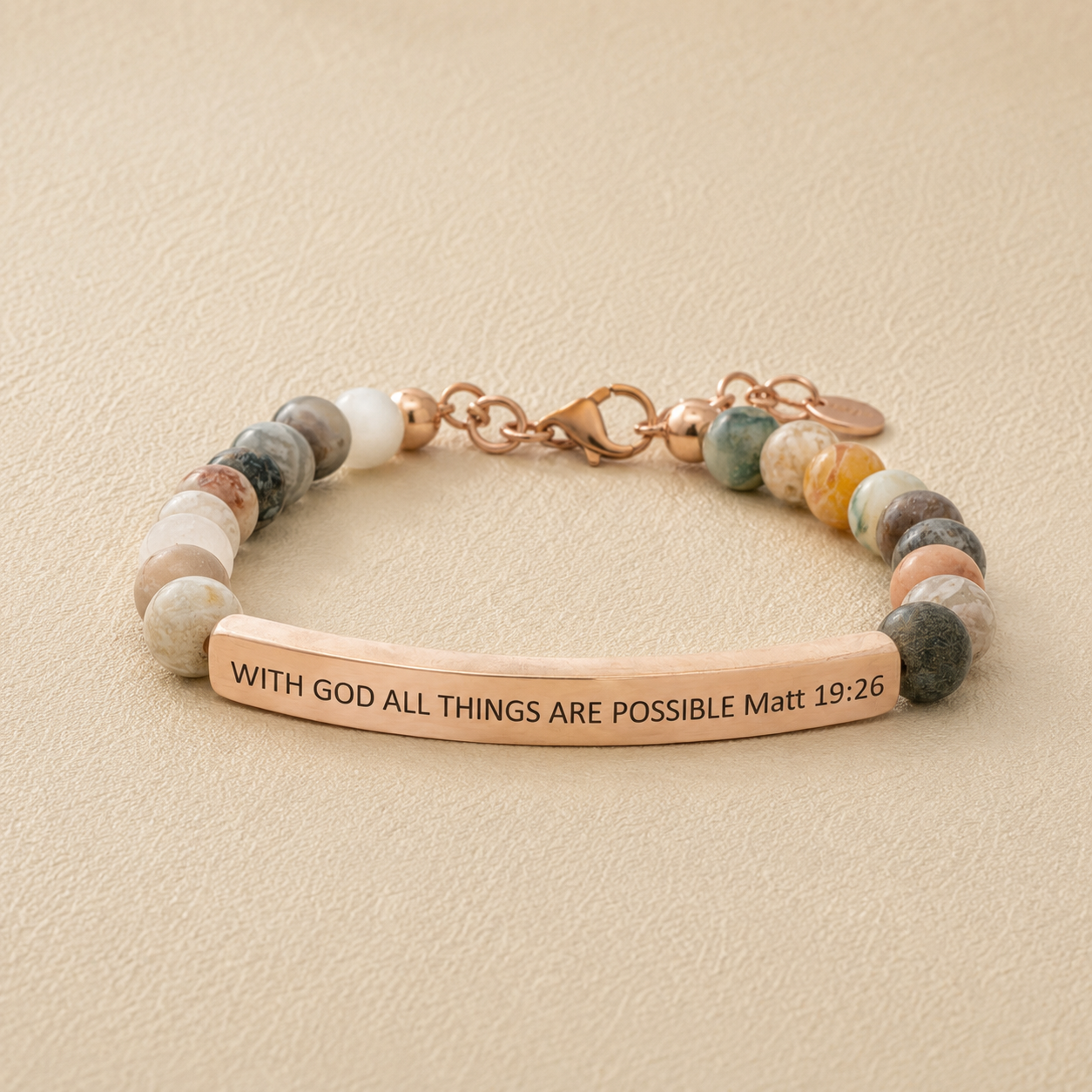 "With God All Things Are Possible Matt 19:26" Engraved Bar Beaded Bracelet