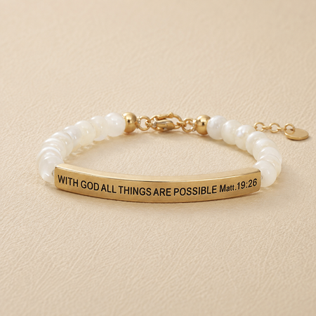 "With God All Things Are Possible Matt 19:26" Engraved Bar Beaded Bracelet