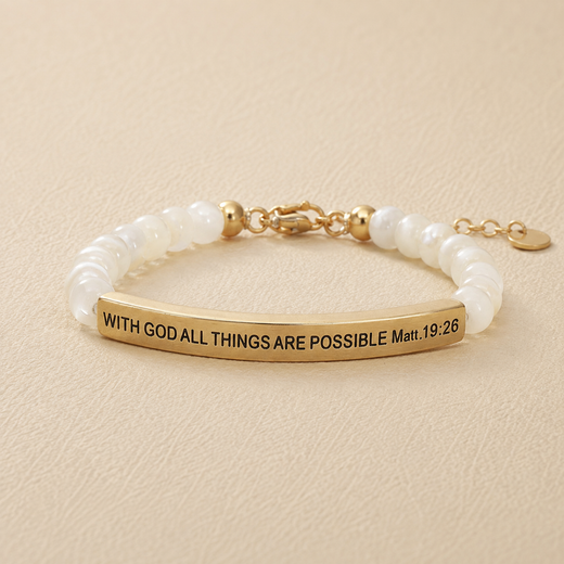 "With God All Things Are Possible Matt 19:26" Engraved Bar Beaded Bracelet
